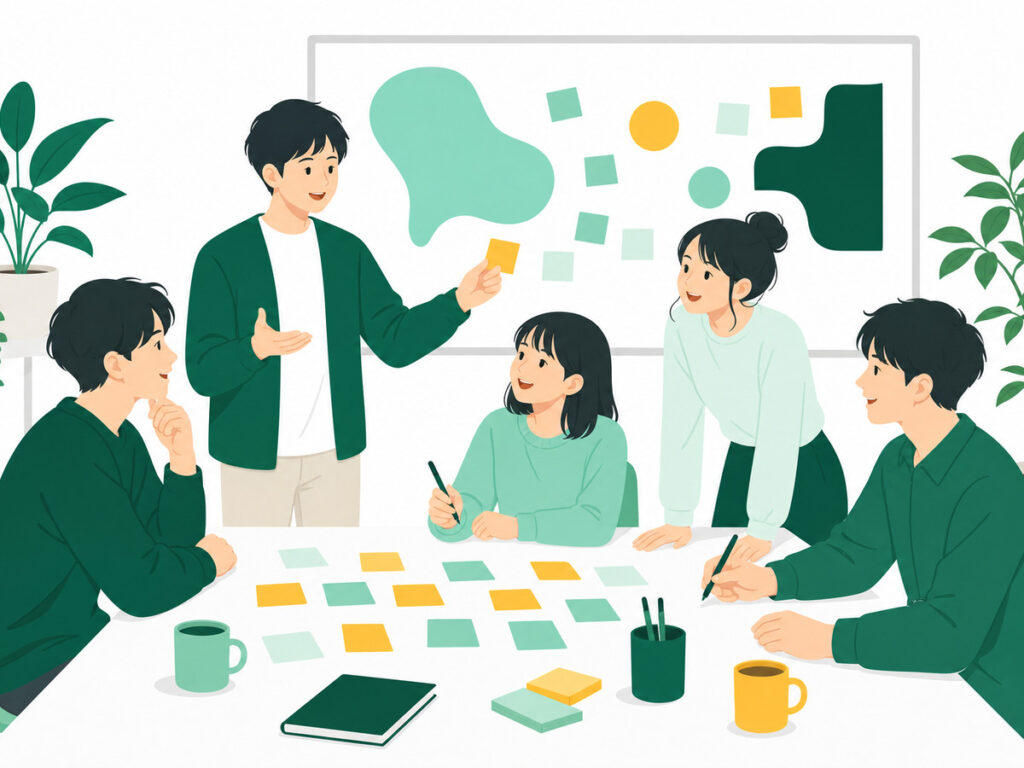 テーブルを囲んだワークショップのイラスト